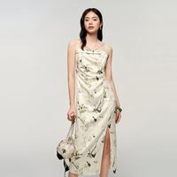 红袖 秋季女装新中式侧拉开叉吊带连衣裙