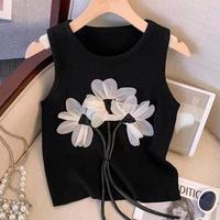 北极绒 立体花朵抽绳针织背心女时尚洋气设计感修身百搭吊带上衣