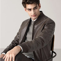 威可多 【优质绵羊皮夹克】男士翻领双色云雾皮面机车服皮衣外套 云雾棕