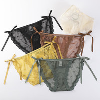 PEANOJEAN 夏季系带丁字裤性感蕾丝花边透明女透气网纱纯棉裆中腰内裤K259 咖啡色 M