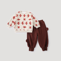 巴厘小猪 宝宝周岁礼服男宝秋冬加绒两件套女童加厚保暖卫衣儿童新年服套装 奶油杏 80