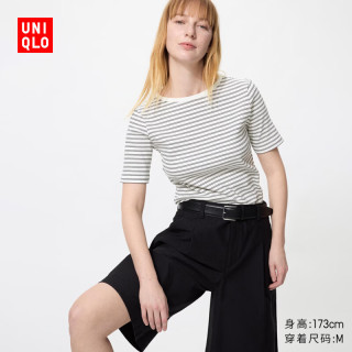 优衣库 罗纹船领 女士T恤 01 乳白色