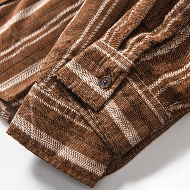 凡客诚品 日系复古文艺休闲宽松灯芯绒撞色衬衣秋季新款条纹衬衫男长袖上衣