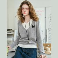 a02 韩系优雅气质假两件V领针织衫2025秋季休闲显瘦女式针织衫