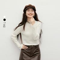 红袖 女士蕾丝提花木耳边喇叭袖立领针织衫