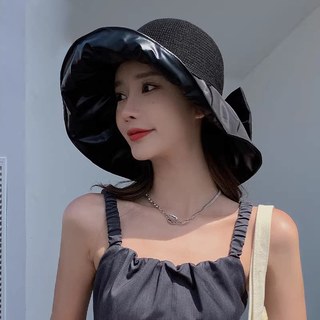 防晒帽女夏季遮阳大檐渔夫帽蝴蝶结可折叠织防紫外线黑胶太阳帽