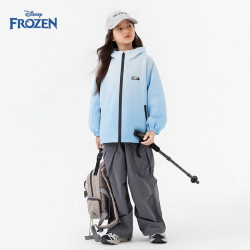 迪士尼 女童冲锋衣2026春季新款中大童女孩渐变色户外软壳防风连帽外套 蓝色