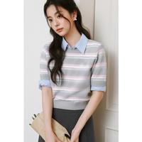 诗凡黎 女士短袖针织衫 圆领灰粉条纹套头上衣