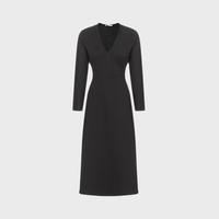 ZARA 都市休闲舒适棉质纯色系小黑裙V领长袖连衣裙