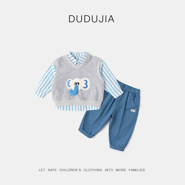 今日必买：嘟嘟家 宝宝套装春秋男童马甲衬衫裤子三件套洋气女童春装儿童童装120/130