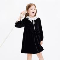 Little MO&CO. 童装冬装女童花边领口丝绒中长款连衣裙子