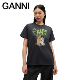  GANNI 趣味卡通马年印花 女士短袖T恤 幻影黑 L