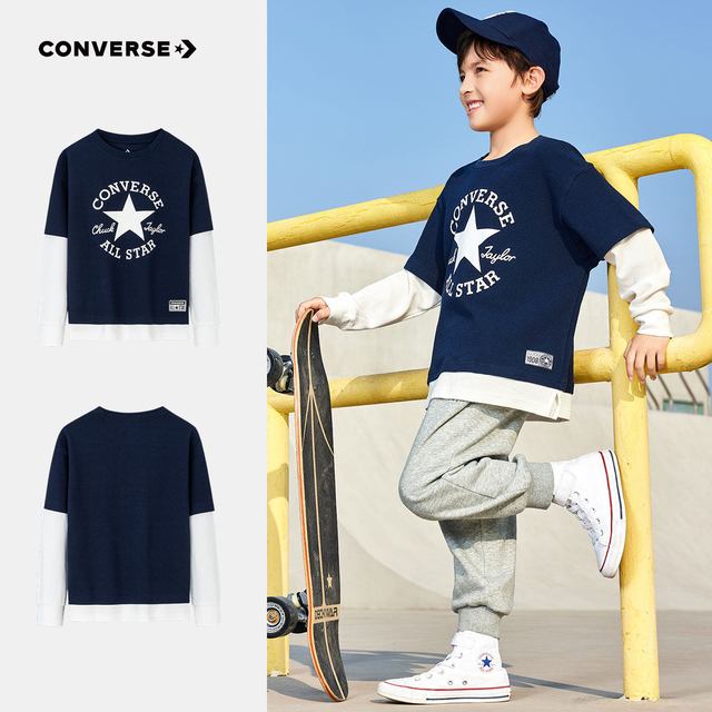 88VIP：匡威 儿童装男童长袖T恤新款春款纯棉中大童春装上衣休闲打底衫