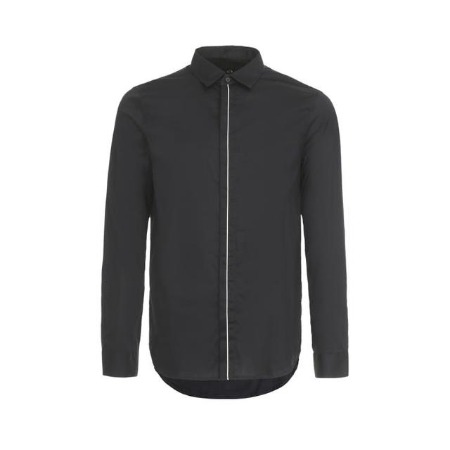 Armani Exchange 刺绣logo纽扣暗门襟翻领纯棉长袖男式衬衫