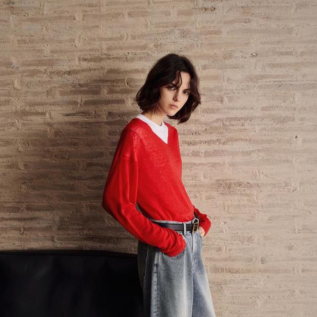 欧时力 春装 100%进口羊毛毛衣女V领