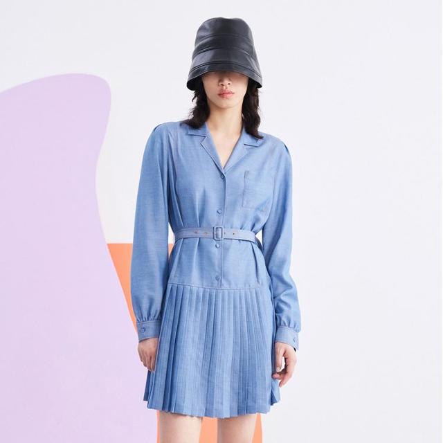 宝姿 女装长袖衬衫领百褶底边连衣裙