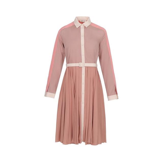 宝姿 【100%棉+桑蚕丝】女士拼色百褶收腰连衣裙