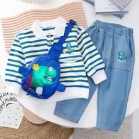 婴尚 26春秋男童套装儿童婴幼童条纹翻领长袖卫衣牛仔裤恐龙背包套装