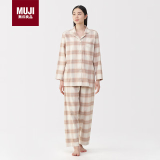  MUJI/無印良品 无侧缝 女士法兰绒睡衣套装 粉红色格纹5A XL