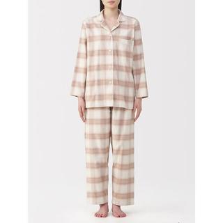  MUJI/無印良品 无侧缝 女士法兰绒睡衣套装 粉红色格纹5A XL