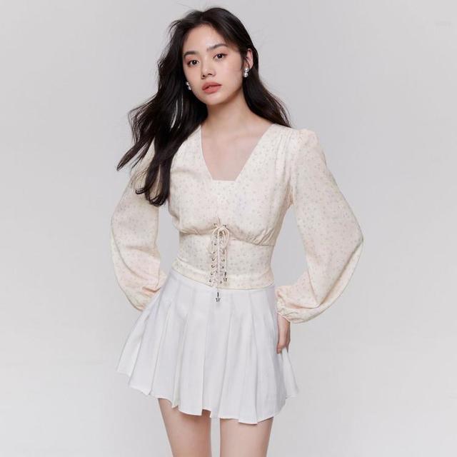 ONLY 春季时尚气质V领泡泡袖收腰短款长袖雪纺衫女