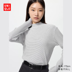 优衣库 女装罗纹条纹高领T恤/长袖481026 00 白色 M /160/84A