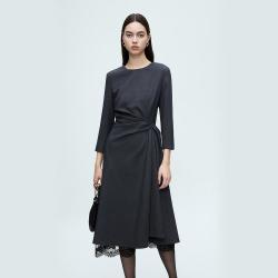 朗姿 法式优雅长袖轻礼连衣裙女捏褶高级感冬款