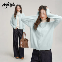 MJ STYLE 蝴蝶结刺绣设计 女士针织毛衣开衫 浅蓝#纯色
