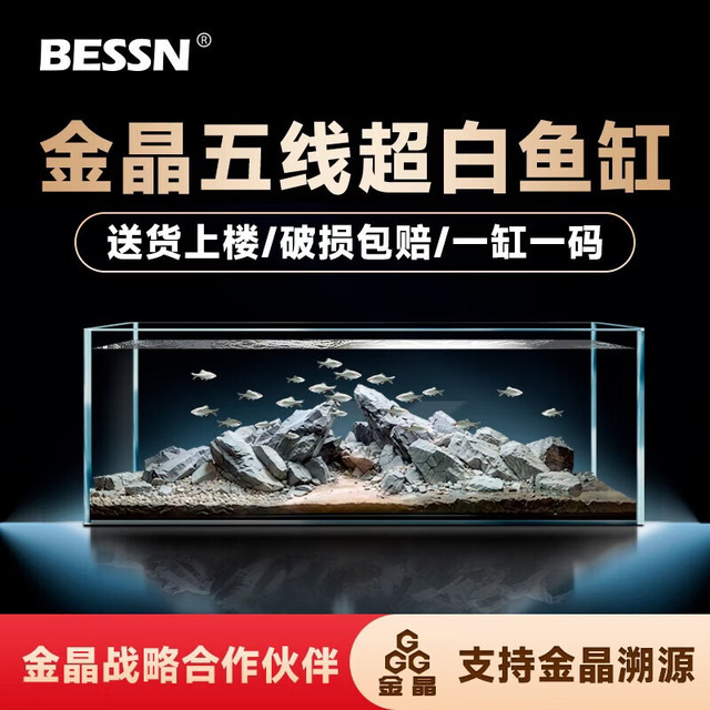 Bessn 贝森金晶五线汽车级超白缸玻璃鱼缸客厅裸缸家用水草溪流缸 60*30*35cm8mm厚金晶五线超白送货上楼