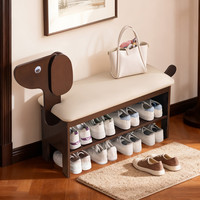 木马人 实木小狗换鞋凳门口家用可爱创意入户鞋架子胡桃色80长（云感坐垫 耐脏耐磨）
