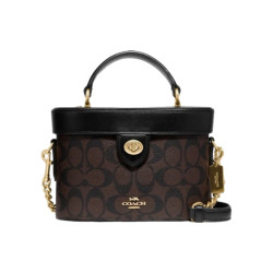 COACH Kay 20 小号 经典老花满印徽标Logo 手提桶单肩包 斜挎包 深棕色