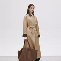 cocoon 【春秋季实用主义】100%有机棉+拼色小羊皮翻领假两件廓形长款风衣女外套