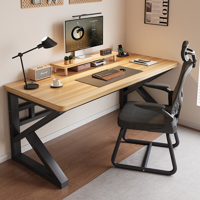 哗禾梧电脑桌  25mm实木桌面 黑架+浅胡桃 120*60*75CM