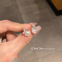 花饰庄园 感微镶锆石甜美珍珠蝴蝶结耳环小巧气质温柔耳钉耳饰 B款大号 925银针