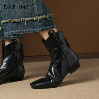 达芙妮 尖头短靴 春季 复古美拉德骑士靴 黑色