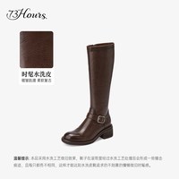 高跟73小时 女鞋关键帧冬季新款复古水洗皮粗跟骑士靴显瘦长筒靴