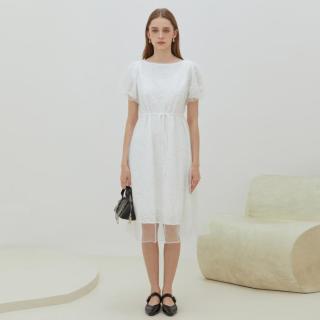 S.DEER 商务通勤圆领泡泡袖A字网纱连衣裙