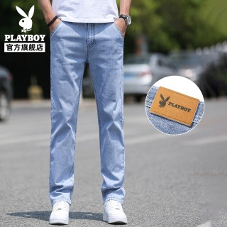 花花公子春季新款浅色直筒牛仔裤男修身弹力百搭休闲水洗长裤子K