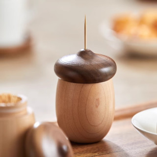 木易 北美黑胡桃木榉木蜜蜂牙签筒摆件创意棉签桶坚果牙签盒蘑菇橡果 橡果牙签盒