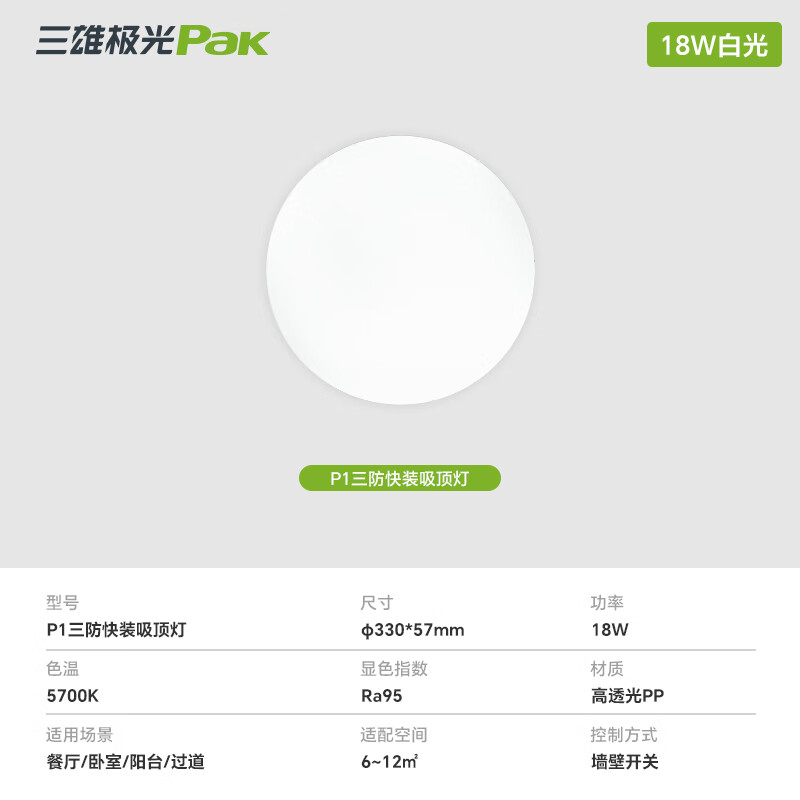  Pak/三雄极光 全光谱 LED三防吸顶灯