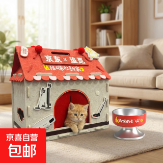 猫窝送猫碗 流浪猫窝毛毡磨爪 毛毡手提袋房子窝 （51*30*47）