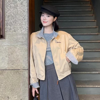 茵曼 春季女装撞色格纹立领纯棉刺绣外套复古宽松夹克