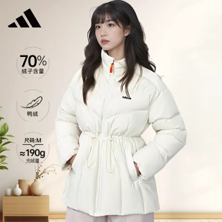 adidas 女装冬季立领时尚收腰抽绳休闲羽绒服 L