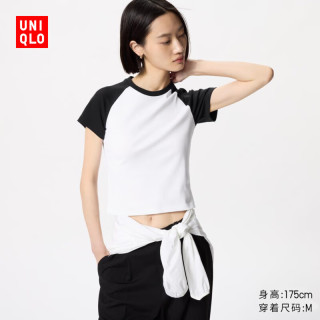 优衣库 女装插肩袖圆领短T恤短袖迷你T修身打底476602 09 黑色