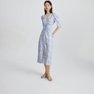 纳薇 夏季漫法式波普风碎花泡泡袖开衩连衣裙