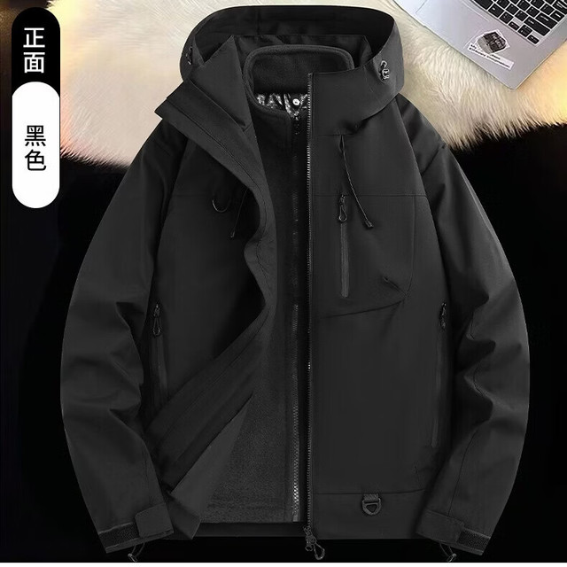 德尔.默克（Delmerk）山系冲锋夹克2026防风上衣男女同款三合一两件套宽松户外登山服 黑色