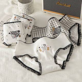 卡拉美拉 纯棉内裤女透气三角裤甜美清新女士短裤少女大童内裤 黑白蕾丝卡通款混色 3条