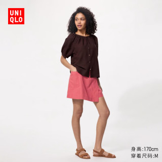 优衣库 女装麻混纺裙裤/格纹休闲裤 477614/12桃红色 M