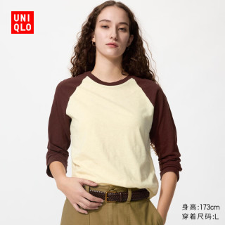 优衣库 女装竹节纱插肩袖撞色T恤/长袖26春夏新款484869 38 深褐色