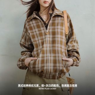 百亿补贴：马登 女士复古格纹夹克 撞色翻领宽松外套